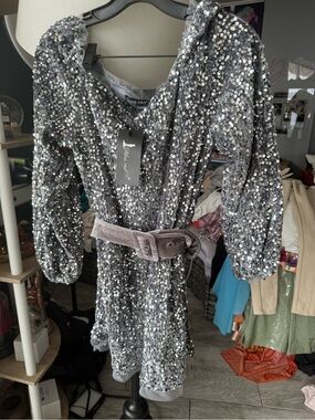 Sequin V-Neck Mini Dress with Belt - Silver